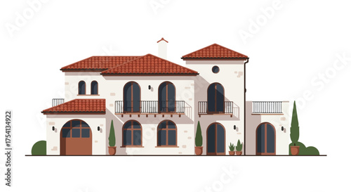 Mediterranean villa illustration, showcasing architectural design with warm terra cotta roofing and arched windows, highlighting the elegance and