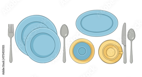 Arrangement of Blue Plates Cups and Silverware for a Cartoon Dining Scene Illustration