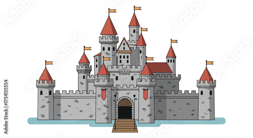Illustration of a Majestic Castle with Towers and Flags for Fantasy or Medieval Themes design asset