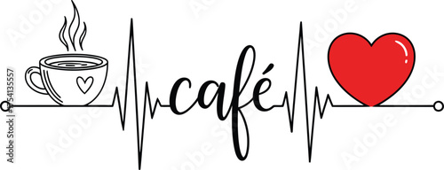 cafe heartbeat pulse line with coffee cup and heart. love for coffee, passion, beverage vector outline
