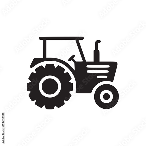 A simple graphic of a dark tractor with large tires on a white background in a vector style