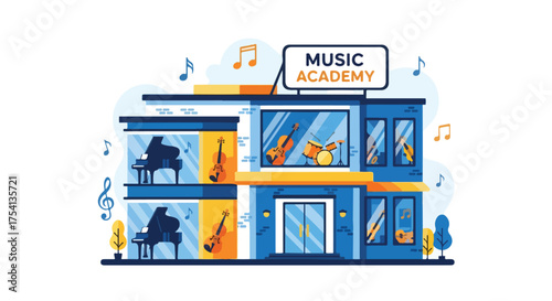 Vibrant music academy building illustration showcasing diverse instruments and musical notes in a modern design