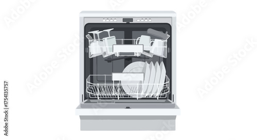 A dishwasher appliance, conveying tidiness and modernity, kitchen housework tasks showcasing a fully loaded dishwasher in monochrome tones standing