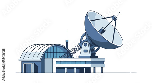Stylized illustration showcasing a modern communication center with a large satellite dish for signal transmission and reception