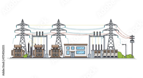 Stylized illustration of an electrical substation showcasing power transmission infrastructure in a schematic drawing style