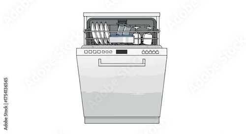 Illustration of a modern dishwasher with the door open and dishes loaded ready for cleaning showcasing domestic appliance
