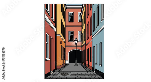 Vibrant Cityscape: A Colorful European Alleyway Scene Featuring Unique Architecture and a Vintage Street Lamp