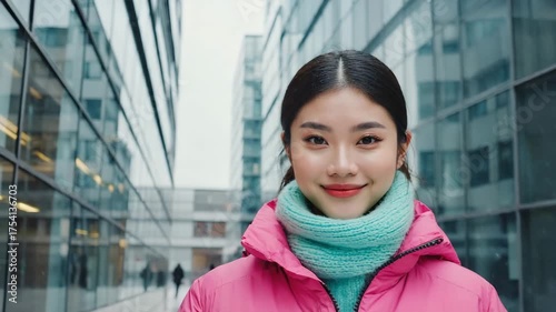 A beautiful woman standing in front of modern architecture with a touch of a smile