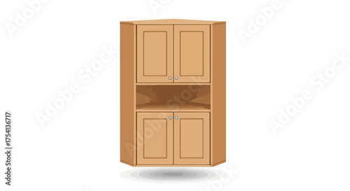 A meticulously crafted digital illustration of a corner cabinet with a warm, inviting wooden finish showcase its design intricacies
