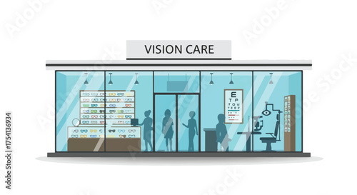 Optometry center with eye exam equipment and eyeglasses shopfront, a vector illustration that provides eye health and care for vision improvement