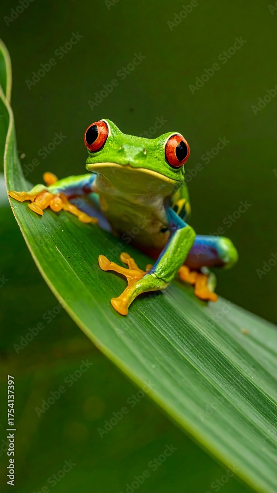Naklejka premium Colorful Red-Eyed Tree Frog on a Green Leaf