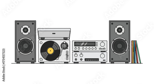Illustration of a complete stereo audio system with turntable, amplifier, speakers, and vinyl records, conveying a sense of retro sound and