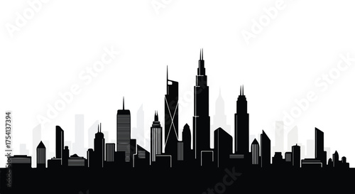 Monochromatic Metropolis: A stark silhouette of a bustling cityscape against a clean white backdrop evoking urban energy and architectural grandeur