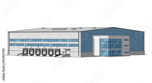 Architectural visualization of a modern industrial warehouse with loading docks and a glass-fronted entrance design illustration