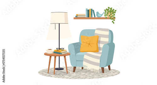 Cozy Reading Nook with Armchair, Lamp, Books, and Plants Creating a Relaxing Atmosphere 100000000000