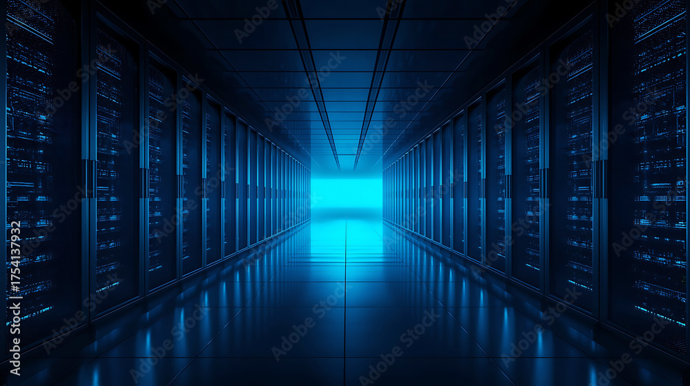 Fototapeta premium Data Center Server Room with Rows of Rack Servers and Blue Ambient Lighting