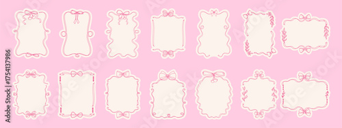 Elegant coquette bow frame set. Modern hand drawn wavy frames for invitations and cards
