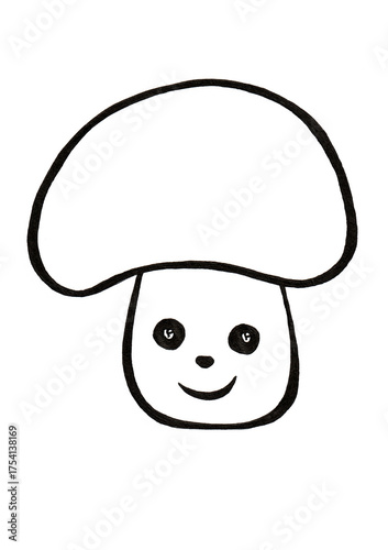 Stylized illustration of a mushroom character. Line art. Drawing in black outline. Isolated on white background. The mushroom has a face in place of a leg. Eyes, nose, smile. Champignon. Doodle.