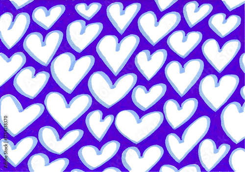 Romantic seamless pattern with hand drawn white hearts on blue background and light blue outline. Different size. Marker style love illustration. Perfect for Valentines Day, wrapping paper, designs.