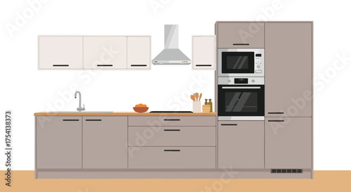 Sleek modern kitchen illustration featuring built-in appliances and clean lines for minimalist aesthetic, emphasizing functionality and subtle