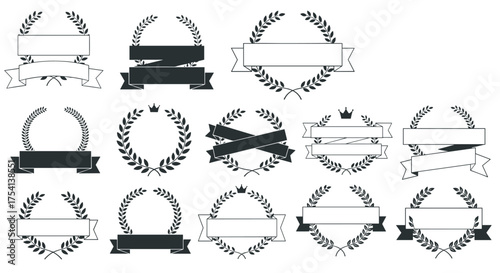 A collection of isolated award badges and banners with laurel wreaths and ribbons for design elements.