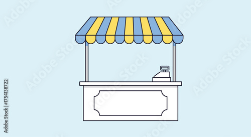 A simple illustration of a colorful street food stall with an awning and a cash register.