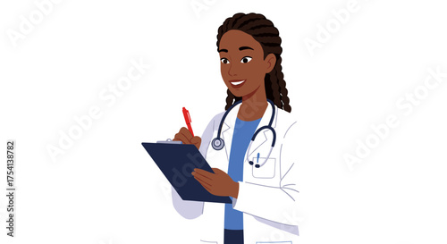 Smiling Female Doctor Writing on Clipboard Medical Professional in White Coat with Stethoscope