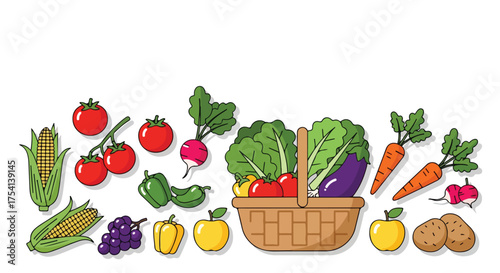 Fresh harvest of colorful vegetables and fruits scattered around a wicker basket illustration
