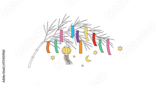 A traditional Japanese festival with colorful decorations hanging on a branch.