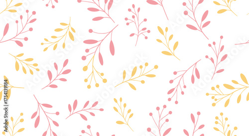 A delicate pattern of pink and yellow floral branches repeats across a white background.