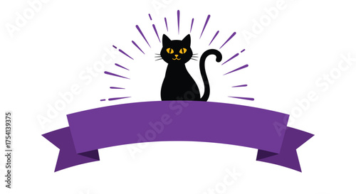 A spooky black cat sits majestically on a purple banner with radiating lines.