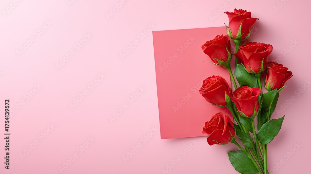 Fototapeta premium Elegant bouquet of red roses arranged on a soft pink background with a blank card for messages or notes, perfect for various occasions