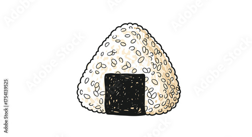 A triangular shaped rice ball wrapped in nori seaweed.