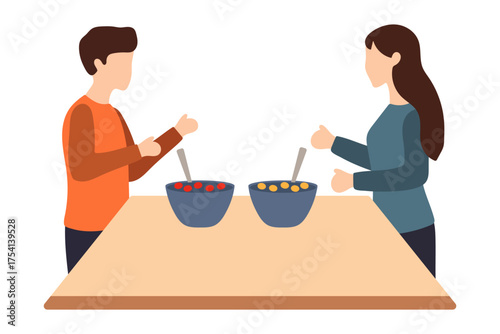 People Eating Cereal at Table Illustration