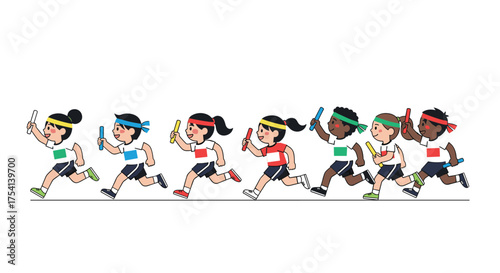 A group of diverse cartoon children running a relay race.