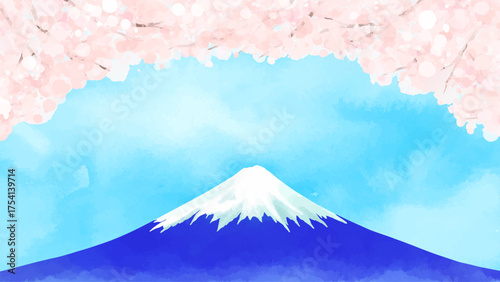 水彩の富士山と桜のアーチのベクターイラスト風景