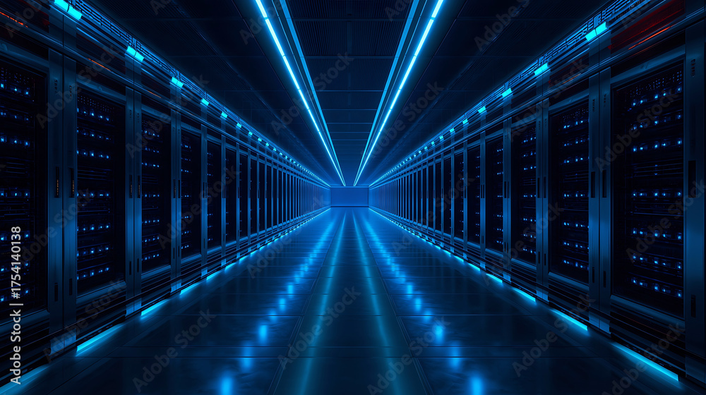 Fototapeta premium Futuristic server room illuminated with blue neon lights creating a technological corridor effect
