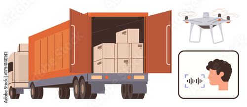 Delivery truck loaded with boxes, quadcopter for remote delivery, and human voice identification icon. Ideal for logistics, shipping, technology, delivery systems, automation, innovation