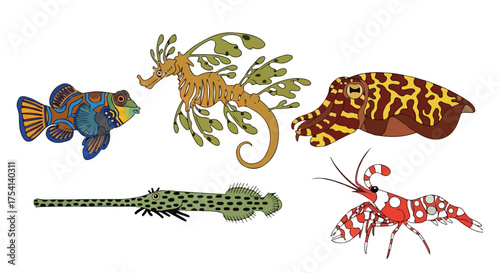 Underwater wonderland: illustrated diverse marine life, showcasing colorful sea creatures in a whimsical composition isolated on white backgrounds