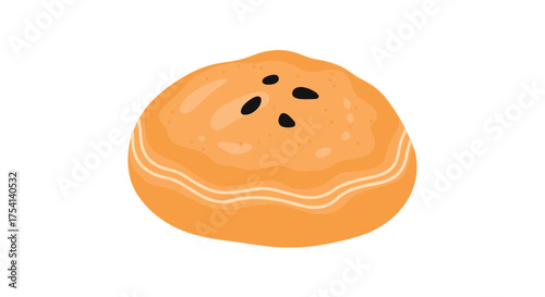 A round golden baked bun topped with black sesame seeds.