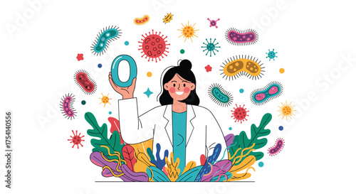 Scientist observing various microorganisms and bacteria in a laboratory setting.