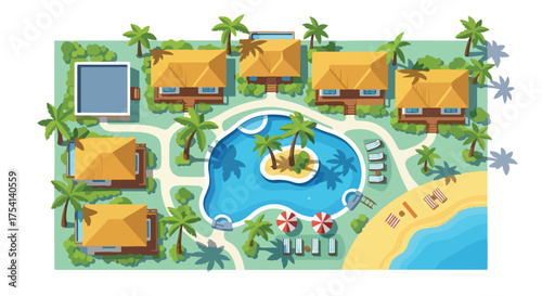 Tropical Paradise Resort Overview: Detailed Aerial Illustration of a Luxurious Vacation Destination with Beach and Pool Amenities