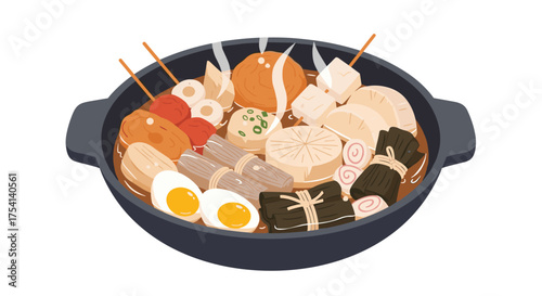 A hearty and delicious Japanese oden stew brimming with various ingredients in a dark pot.