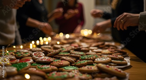 Decorated cookies on table with people