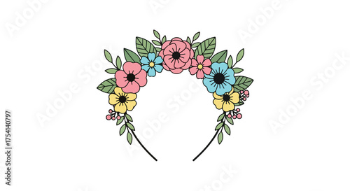 Floral Headband Illustration with Pastel Flowers and Green Leaves on White Background Creates a Springtime Aesthetic