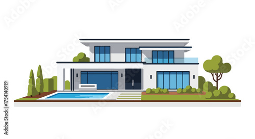 Modern Residential Villa: A Contemporary Two-Story Home with Clean Lines and Serene Swimming Pool Setting