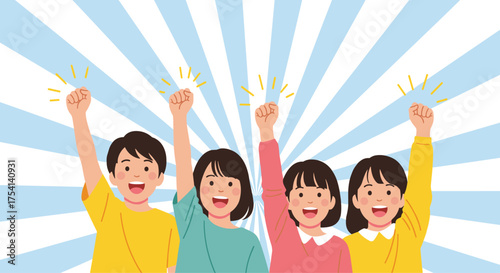 Diverse group of children raising their fists in celebration. 