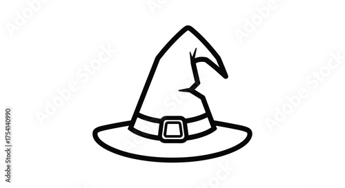 A classic pointy witch hat with a buckle is drawn with black outlines on a white background.