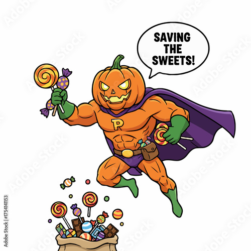 Dynamic cartoon superhero pumpkin flying with a stash of colorful Halloween sweets, ready to protect or distribute festive candies