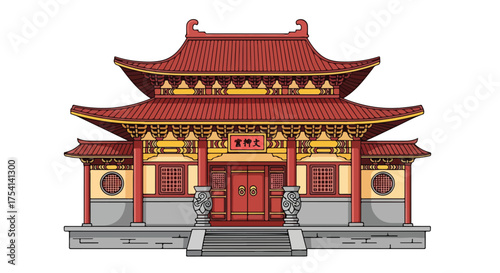 Exquisite depiction of a traditional Asian temple featuring intricate architectural elements and vibrant color scheme standing proudly against a